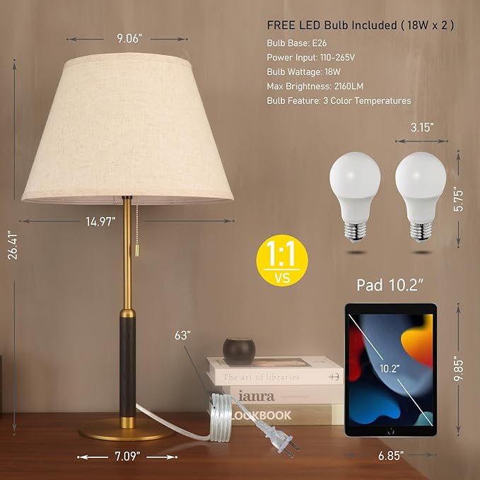 26.4" Set of 2 Modern Living Room Table Lamp for End Tables Bedside Lamps for Bedroom 3-Color Temperatures Pull Chain Switch Lamp Wood Fabric for Home/Office/Desk Decor (Light Brown+Brass)