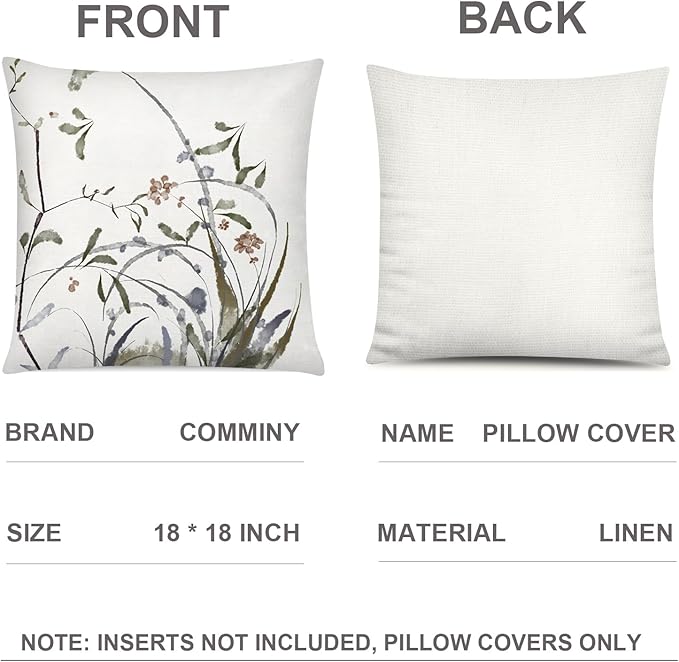 COMMINY Sage Green Flower Pillow Cover 18x18 Set of 6 Minimalist Modern Throw Pillow Cover Square Cushion Covers for Couch Sofa Living Room Home Decor