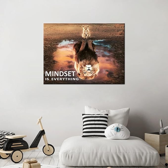 Mindset is Everything Motivational Canvas Wall Art Lion King Inspirational Entrepreneur Quotes Poster Print Artwork Painting Picture for Bedroom Office Home Decor Framed Ready to Hang [24''W x 18''H]
