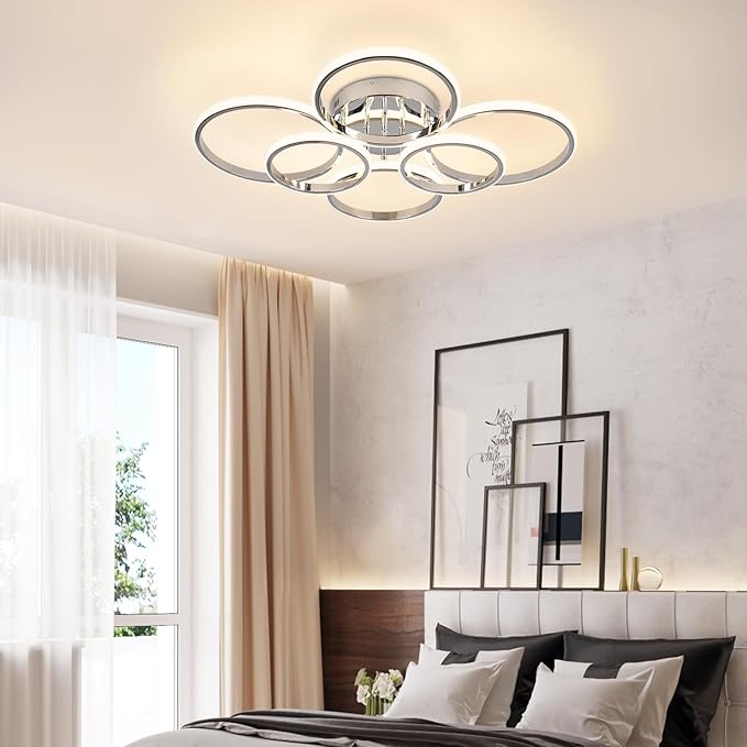 Modern Ceiling Lights, 6 Rings Dimmable Chrome LED Ceiling Light Fixtures with Remote Control, 60W Close to Ceilings Lighting for Living Room, Bedroom, Dining Room