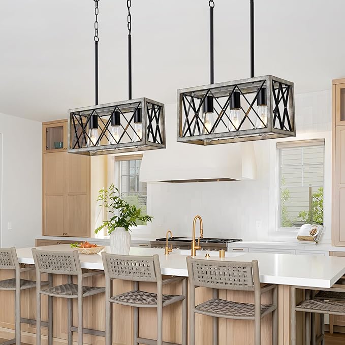 Farmhouse Light Fixtures,3-Light Dining Room Light Fixture,Industrial Metal Kitchen Ceiling Lighting Over Island, Chandelier for Dining Table Kitchen Sink,Oak Wood Finish