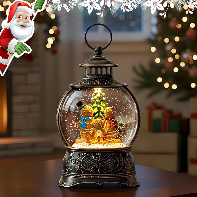 Christmas Snow Globe Lighted Gingerbread Man Family Scene, Musical Snow Water Lantern Swirling Glittering Home Decoration and Gift, Battery Operated or USB Powered