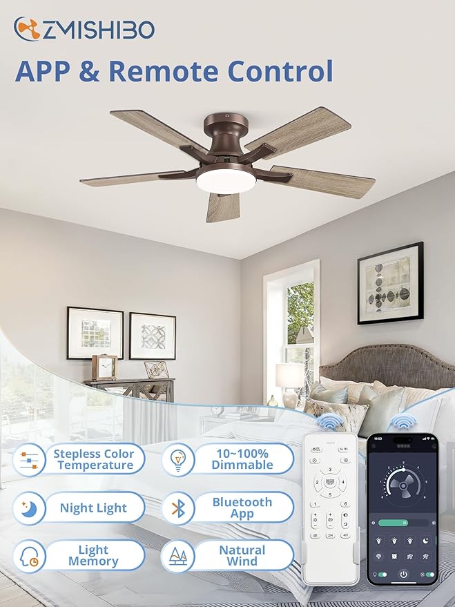 ZMISHIBO 42 Inch Ceiling Fan with Light, App&Remote Control, Flush Mount Low Profile, Dimmable 20W LED Light, Quiet Reversible Motor for Bedroom, Living Room, Apartment, Brown