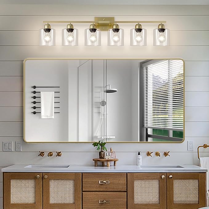 6 Light Gold Bathroom Vanity Light, Gold Vanity Lights for Bathroom with Clear Glass, 38 inch Wall Lamp for Oversized Mirrors Living Room Bedroom Hallway E26 Base