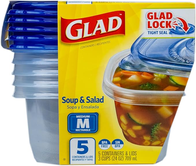 Glad GladWare Soup & Salad Food Storage Containers - Medium Rectangle - Meal Container Holds up to 24 Ounces of Food - Lock Tight Seal, 5 Count