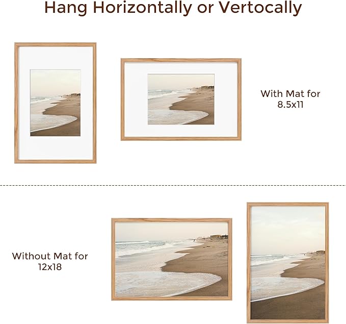 Fun Memories Solid Oak Wood Picture Frame 12"x18" for Wall - Tempered Real Glass, Matted to 8.5x11, Poster Frame (Natural Oak Color, 1 Pack)