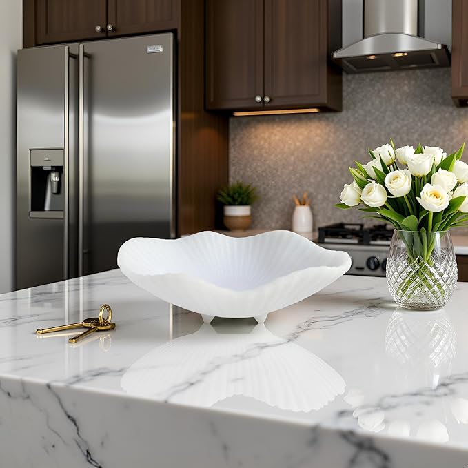 Large Decorative Bowl decor, Scalloped Pedestal Bowls,Modern Home Decor,Ruffle Decor,Stylish Key Bowl for Entry Table,Decorative Fruit Bowl for Kitchen Counter, Artificial Stone Milky white