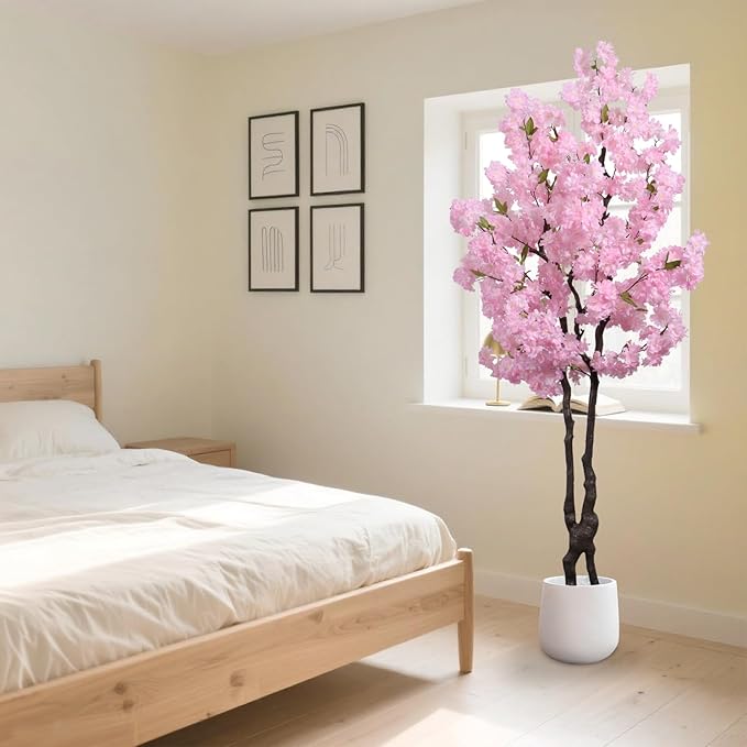 Artificial Pink Cherry Blossom Tree 6ft(72in) Tall Faux Plant Indoor Decor Handmade Japanese Sakura Tree for Wedding Realistic Cherry Plant in Pot for Home Living Room,Office,Outdoor Decor.