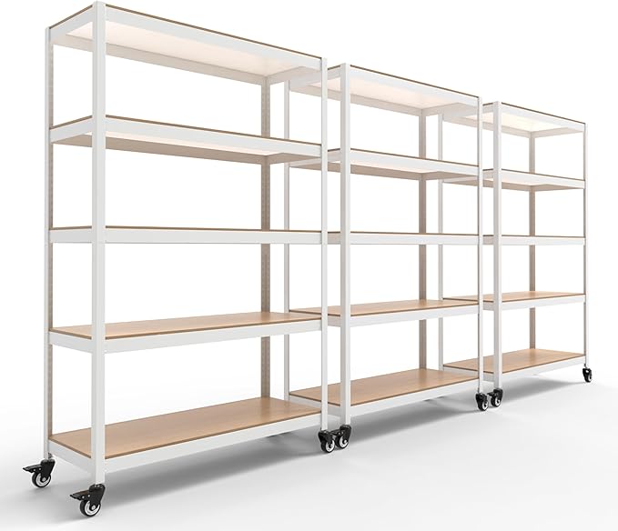 HOMEDANT House White 5-Tier Metal Boltless Rolling Cart Shelf Rack Casters Heavy Duty Wheel Shelving Unit Adjustable Storage Shelves Organizer Shelf Kitchen Garage 48.1" W x 18.5" D x 75.4" H 3Pack