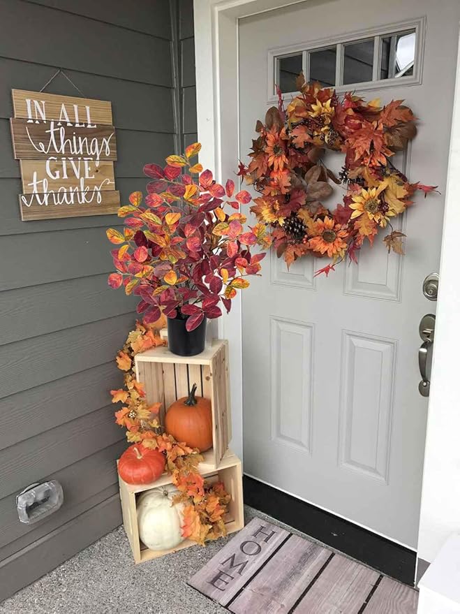 Briful 18.5" Fake Fall Eucalyptus Tree in Black Pot, Autumn Small Artificial Tree with Realistic Red Orange Leaves Faux Plants Indoor for Home Office Room Tabletop Mantel Thanksgiving Decor