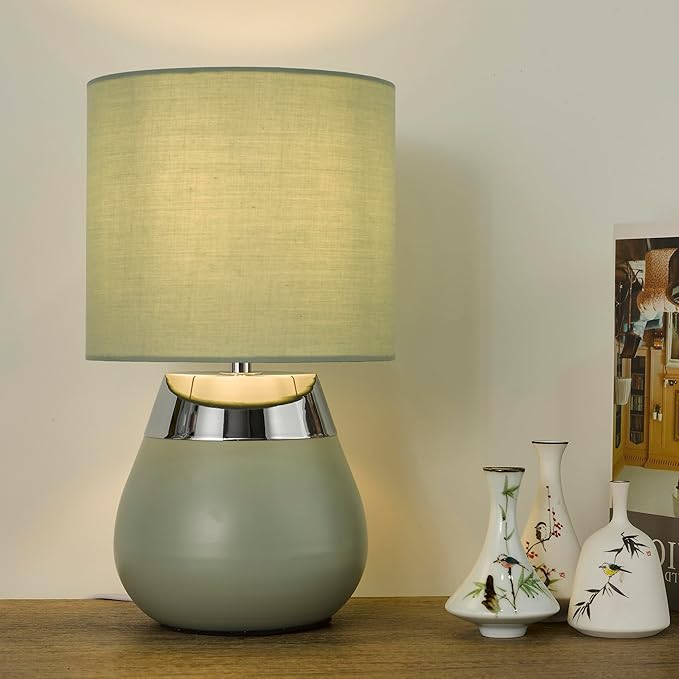 Small Modern Touch Eye Protection Bedside Table Lamp, 7 x 7 x 12 Inch Light Green Metal Base Table Lamp for Bedrooms and Office (Light Green Fabric Lampshade)