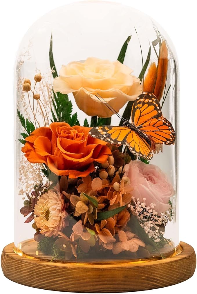 Eternal Flowers with Butterfly: Forever Flower Arrangement-Elegant Preserved Flowers in Glass Dome-Romantic Valentines, Anniversary, Mom Gifts for Her-Flowers for Delivery Prime (Orange)
