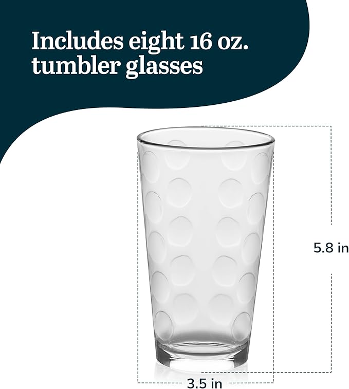 Libbey Reno Patterned Tumbler Glasses, 16-ounce, Set of 8