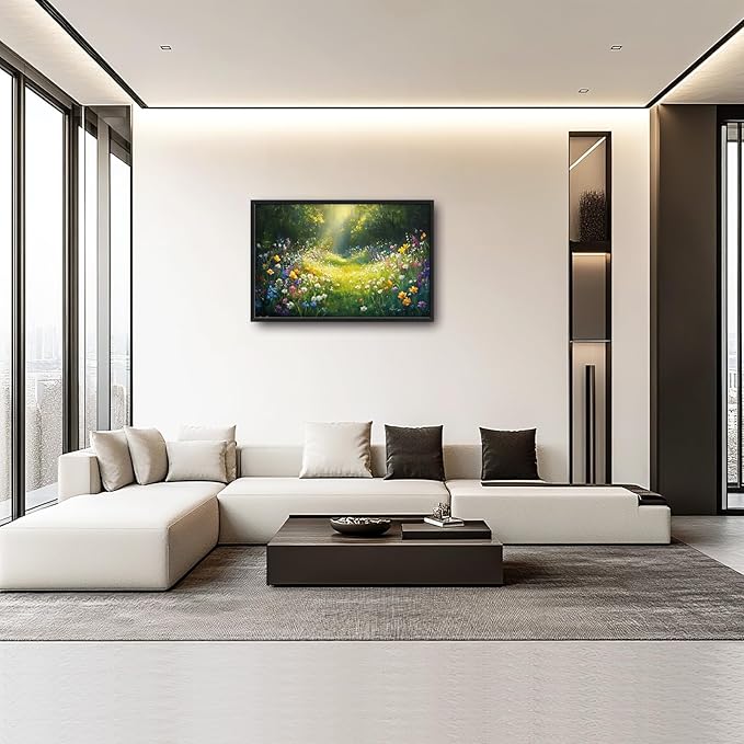 Green Forest Wall Art for Living Room, Large Green Canvas Wall Decor, Wildflowers Flowers Pictures Framed Painting, Landscape Artwork for Bedroom Office Home Decor 36L'' × 24W''