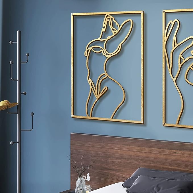Glamativity Large 4 Pack Gold Wall Art Décor, Minimalist Décor Single Line Art Wall Décor, Real Metal Wall Art, Woman's Body Shape Abstract Wall Art (Gold Classic Style, L Size 22.5 x 15.7'')