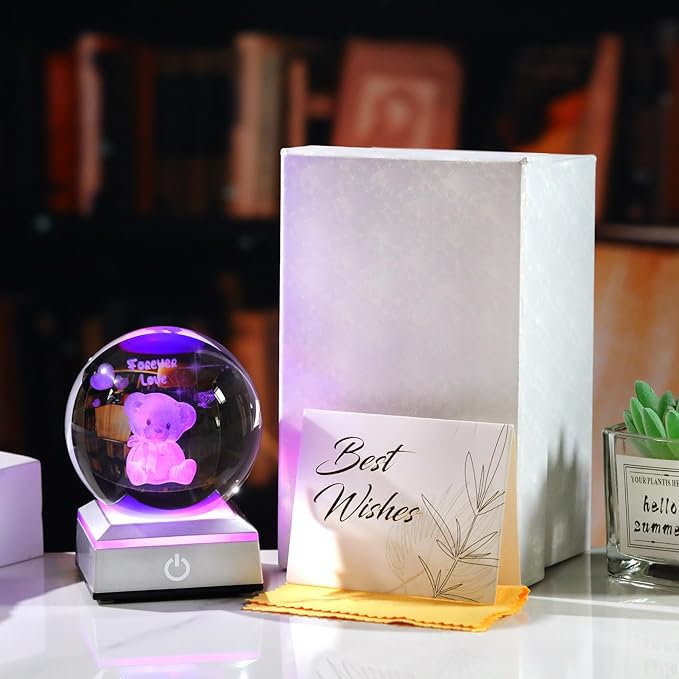 Ornalrist 3D Crystal Ball Engraved Bear and Forever Love Text with LED Base 3.15'' - Gifts for Woman, Girlfriend, Wife on Birthday, Valentine's Day Anniversary - Bear Figurine Collection Home Decor