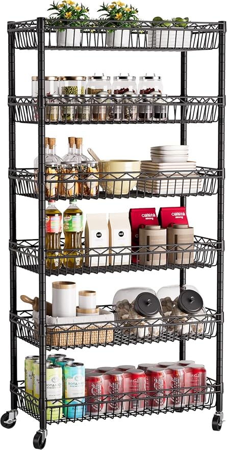 6 Shelves Storage Shelf Wire Closet Bathroom Organizers Metal Pantry Kitchen Garage Shelving Unit Laundry Room Organization Home Rack Net Basket Black with Wheels 30" Dx14 Wx65 H