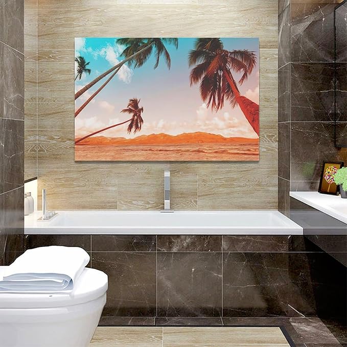 Large Beach Palms Wall Art Coastal Tropical Palm Tree Pictures Wall Decor Bathroom Ocean Nautical Canvas Painting Print Modern Home Decor Artwork Framed for Living Room Bathroom Master Bedroom 24"x16"