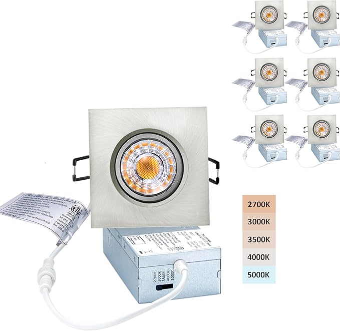 Canless Recessed Gimbal Downlight Rotatable-Spotlight 5 CCT Adjustable 3 Inch Eyeball Ceilling Potlight, Dimmable Recessed Lights Fixture with Junction Box, 8W, Brushed Nickel Square Trim, 6P