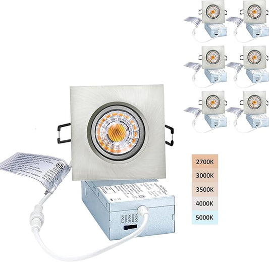 Canless Recessed Gimbal Downlight Rotatable-Spotlight 5 CCT Adjustable 3 Inch Eyeball Ceilling Potlight, Dimmable Recessed Lights Fixture with Junction Box, 8W, Brushed Nickel Square Trim, 6P