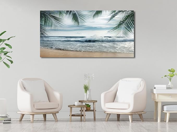 arteWOODS Tropical Beach Canvas Wall Art - Ocean Waves Pictures Coastal Oceanic Blue Sky Sea Print Seaside Palm Tree Leaves Scene Painting Artwork Living Room Bedroom Office Home Decor 29" x 58"