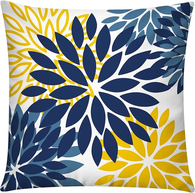 Navy Orange Throw Pillow Cover 18x18 Set of 6, Grey Blue Pillow Covers, Daisy Dahlia Pillowcase, Square Cushion Covers for Couch Sofa Living Room Home