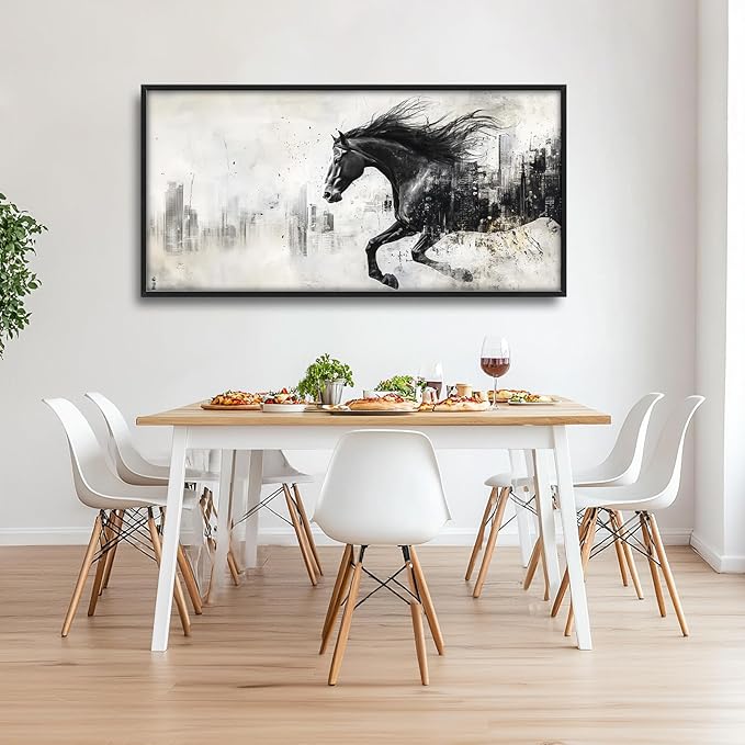 Framed Large Wall Art for Living Room, Black Running Horse Canvas Wall Decor, Large City Picture Framed Painting, Abstract Modern Artwork for Bedroom Office 60L'' × 30W''