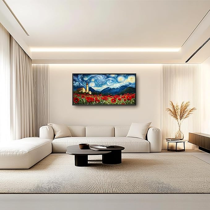 Starry Night Framed Wall Art for Living Room, Large Poppies Canvas Wall Decor, Vintage Red Flowers Pictures Painting, Modern Artwork for Bathroom Bedroom 60L'' × 30W''