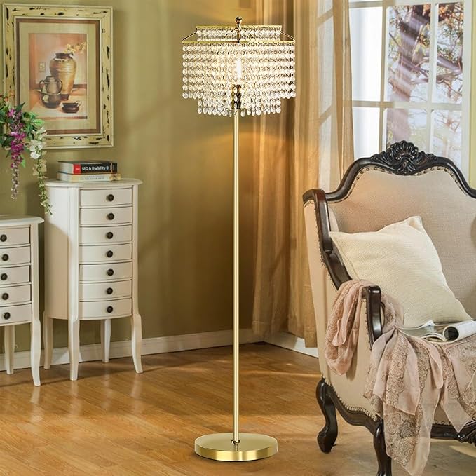 Luvkczc Gold Crystal Floor Lamp, 64" Tall Elegant Standing Lamp with On-Off Foot Switch, Double-Layer Lampshade, Standing Floor Lamps for Living Room, Bedroom, Office, 8W LED Bulb Included
