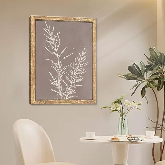 GUMEYJIA Botanical Wall Art Print White Leaves on Brown Background Rustic Frame Modern Farmhouse Home Decor Kitchen Wall Signs (Frame 8x10in)