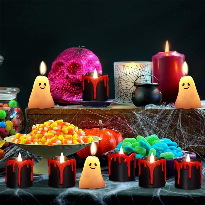 Eldnacele Black Votive Flameless Candles Battery Operated with Timer, 300+ Hour Blood Dripping Wax Tea Lights Flickering Electric LED Candles Fall Dinner Decor Spooky Halloween Lights(6Pcs,2"×2.2")
