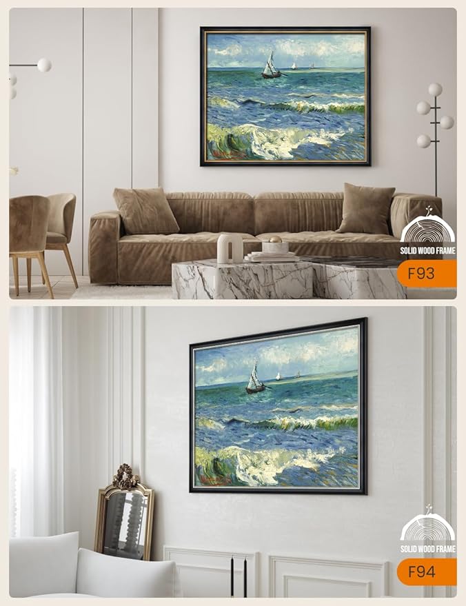 DECORARTS - The Sea at Les Saintes-Maries by Vincent Van Gogh, Large Giclee Canvas Print with Solid Wood Frame, Oversized Wall Art Decor