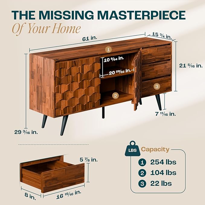 Bme Georgina Solid Wood Sideboard with Geometric Pattern, 2 Doors and 3 Drawers, 61 Inch Mid Century Modern Sideboard Cabinet for Kitchen, Dining Room, Living Room, Dark Choco