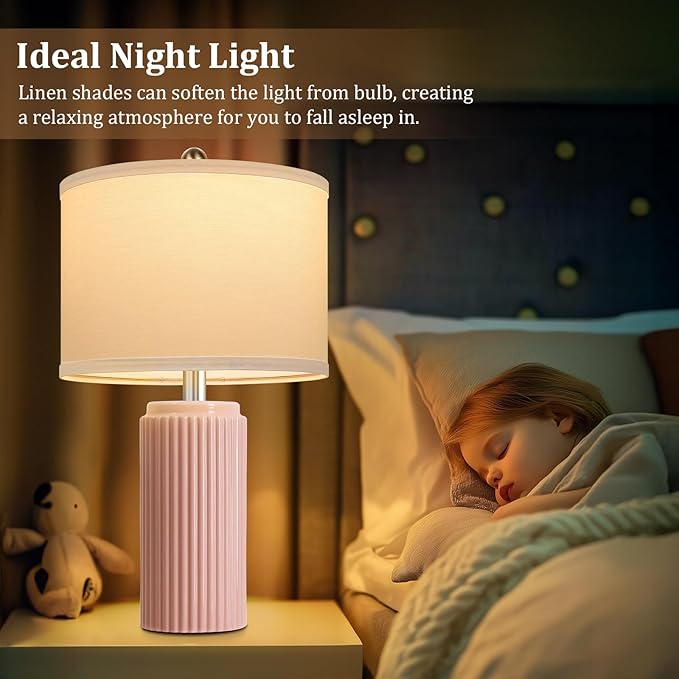 23.5’’ Modern Pink Table Lamps Set of 2 for Living Room, Ceramic Bedside Lamps with White Linen Shade for Girls Room, Rustic Nightstand Lamps for Bedroom Home Office, Cute Lamps for End Table Dorm