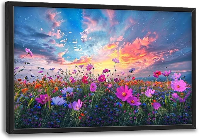 Flower Field Sunrise Large Framed Wall Art Oversized Daisy WildFlower Landscape Pictures Floral Wall Decor Canvas Print Painting Aesthetic Modern Artwork for Living Room Bedroom Office Bathroom Home Decor 36L"x24W"