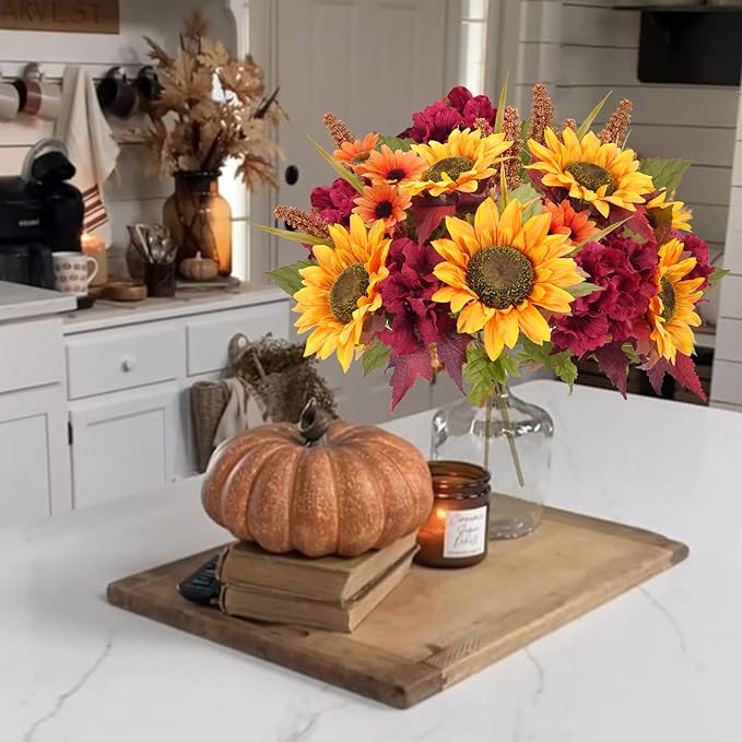 HUAESIN 2PCS Artificial Flowers Fall Decor Silk Flowers Bouquet Fake Sunflowers Daisy with Hydrangea Berries Silk Autumn Floral Arrangements Indoor for Home Wedding Thanksgiving Decoration Outdoor