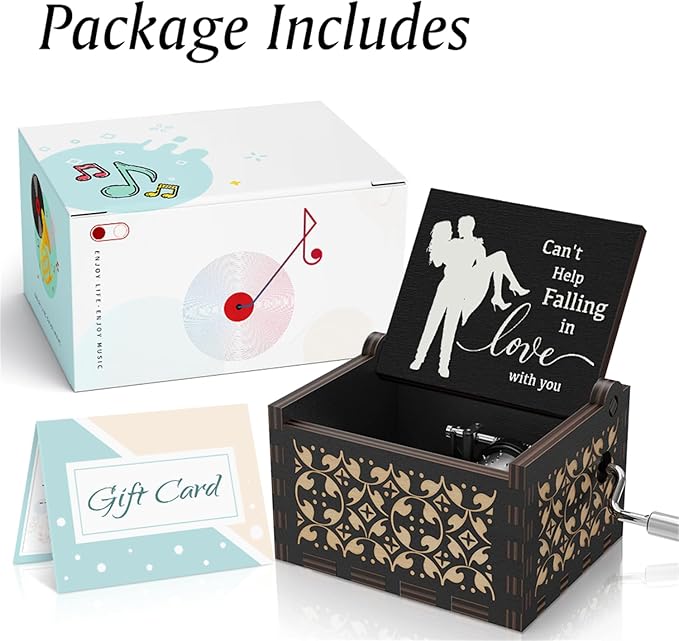 Can't Help Falling in lo Wood Hand Crank Music Box Cute Black mini Musical Anniversary Wedding Valentine's Day Gift for her him Love One Lover, Boyfriend, Girlfriend, Husband, Wife,Women