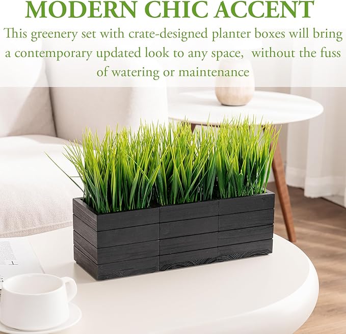 MyGift Artificial Green Grass Plants in Vintage Black Wood 4 Inch Planter Boxes, Faux Greenery in Decorative Square Crate Style Wooden Containers, Set of 3