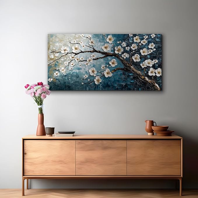 crmotu Plum Blossom Wall Art, Japanese Flower Canvas Large Artwork, Teal Blue Tree Trunk Oil Paintings Prints, Modern Aesthetic Pictures Wall Decor Living Room Bedroom Home Office 24X48 Inches