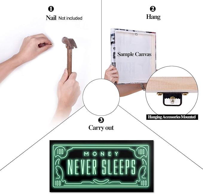 Office Artwork Wall Decor with Inspiring Quote - Money Never Sleeps Motivational Wall Art Modern Home Decor Green Kitchen Pictures 1 Panels Large Artwork for Wall Framed Ready to Hang - 48" x 24"