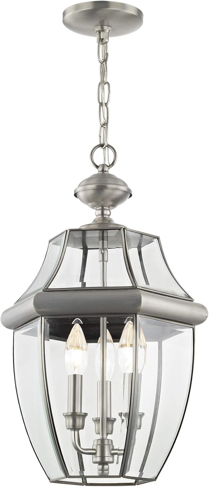 Livex Lighting 2355-91 Monterey 3 Light Outdoor Brushed Nickel Finish Solid Brass Hanging Lantern with Clear Beveled Glass