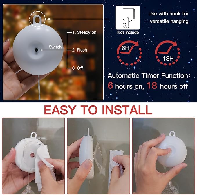 suddus Christmas Window Lights Decorations, 3Pcs Tree-Jingle Bell-Deer Shaped Xmas Lights Battery Powered with Suction Cups & Timer, Hanging String Lights Indoor for Tree, Fireplace, Warm White