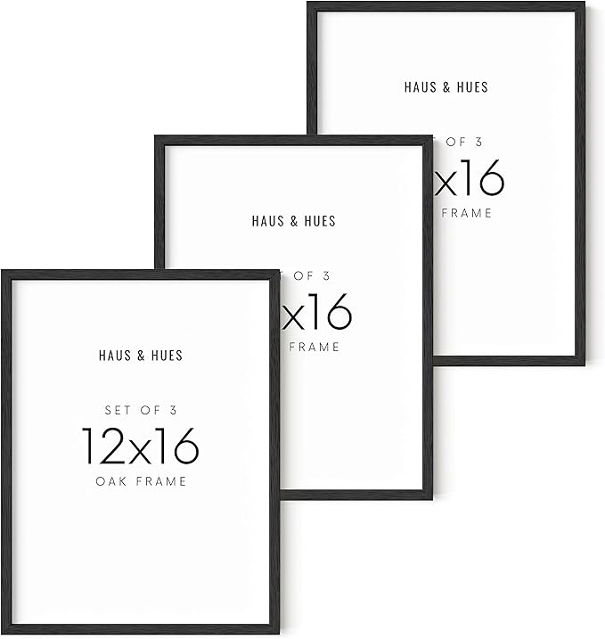 Haus and Hues 12"x16" Black Oak Wood Frames Set of 3 - Frame for 12x16 Print, Basic Black Poster Frame, 12x16 Wood Picture Frame, 12 x 16 Poster Frame, 12x16 Black Frame, 12x16 Picture Frame Wood, Picture Frame 12x16