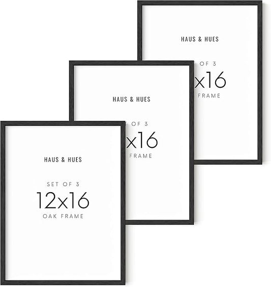 Haus and Hues 12"x16" Black Oak Wood Frames Set of 3 - Frame for 12x16 Print, Basic Black Poster Frame, 12x16 Wood Picture Frame, 12 x 16 Poster Frame, 12x16 Black Frame, 12x16 Picture Frame Wood, Picture Frame 12x16