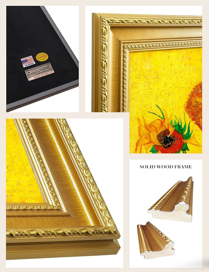 DECORARTS - Vincent van Gogh's Sunflowers. Giclee Canvas Print on Acid-Free Cotton, Ornate Gold Wood Frame with Classic Carved Details, 34.75 x 28.75 in, Ready to Hang, Made in USA