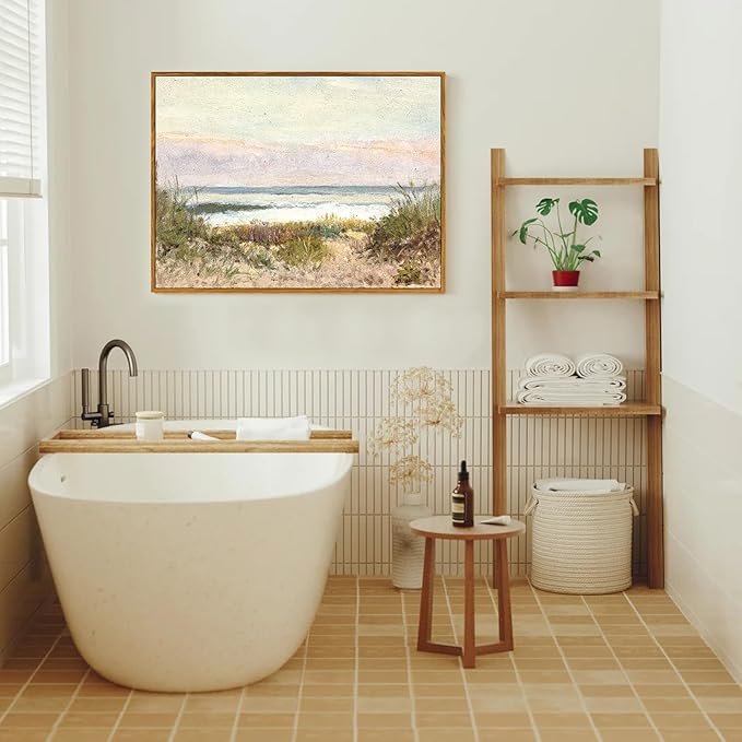 crmotu Beach Framed Wall Art, Coastal Landscape Canvas Prints, Ocean Wave Vintage Wall Decor, Nature Scenery Rustic Wall Paintings for Living Room Bedroom Bathroom Kitchen Decorations 20x30in