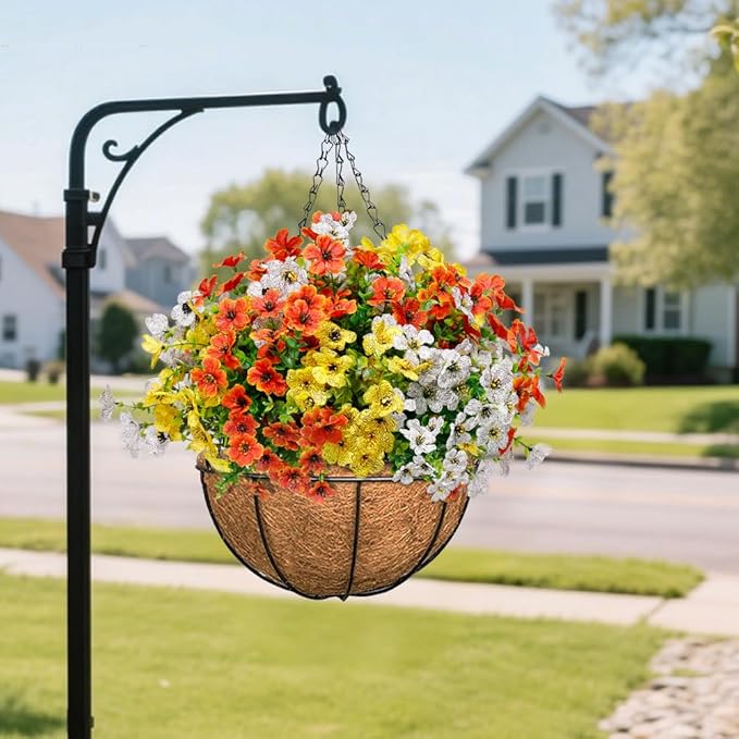 12 Pack Artificial Fall Flowers for Outdoor Orange Yellow Autumn Floral Stems Outside Faux Silk Violet Flower for Garden Porch Window Yard Wedding Thanksgiving Decoration Table Fireplace Decor