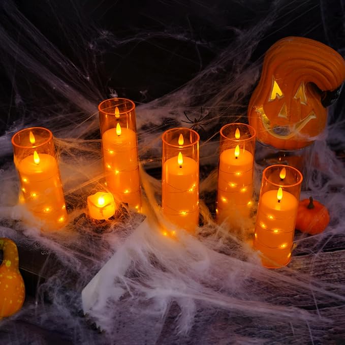 Flameless LED Candles with Timer 5 Pc Flickering Flameless Candles for Romantic Ambiance and Home Decoration Stable Acrylic Shell,with Embedded Star String，Battery Operated Candles（Orange）