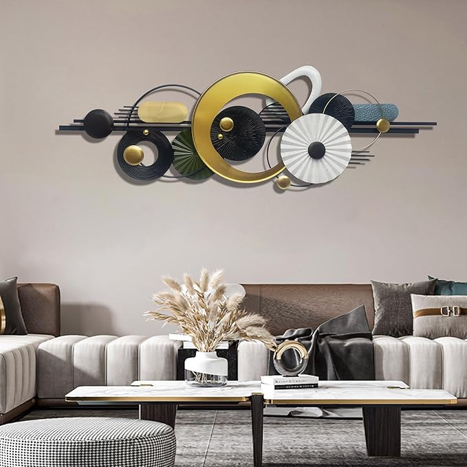 Modern Abstract Metal Wall Art,Large 59×20 Inches Wall Decor, Geometric Circles Design Wall Sculptures, Gold Black White, Wall Decoration for Living Room Bathroom Bedroom Dining Room