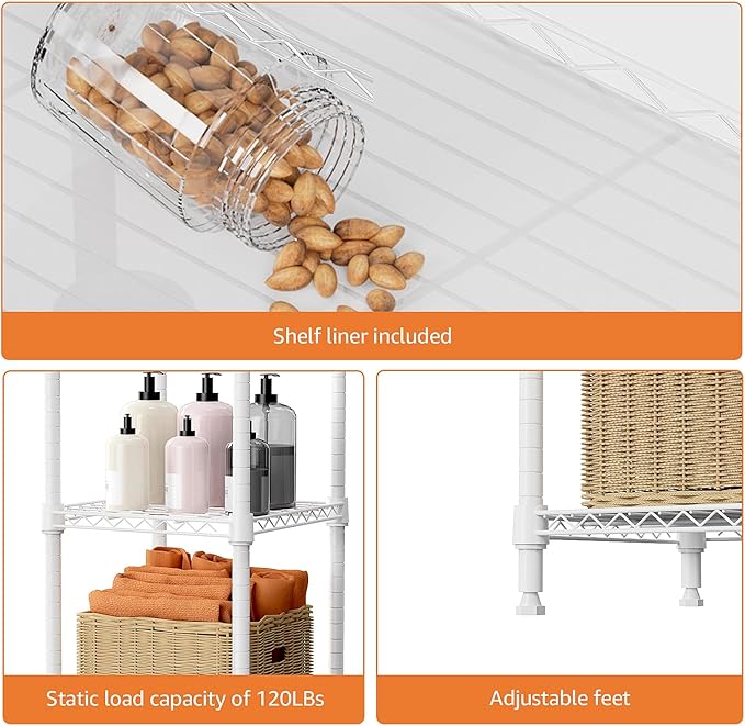 480 lbs Storage Shelves 4 Tier Shelving Units for Storage, Wire Shelving Unit for Closet, Adjustable Shelves for Bathroom Steel Organizer Wire Rack, White 11.8" D x 11.8" W x 47.3" H